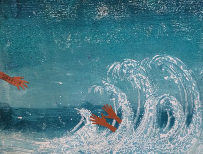 Artistic painting of turbulent blue ocean waves with orange-red hands—one reaching out from within the waves towards another extending from outside—symbolising the struggle of domestic abuse survivors reaching for legal protection and support.